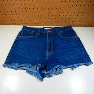 tgla womens dark wash distressed rawhem stretch high rise jean shorts 29 EUC